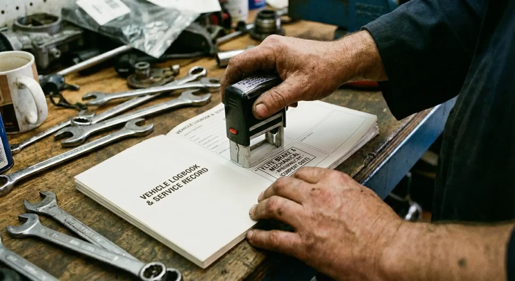 Mechanic stamping a vehicle logbook at a car service centre in Springvale Melbourne
