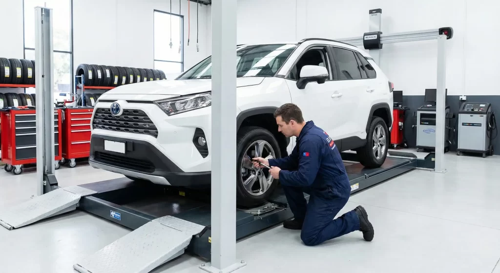 A modern car on a hoist being serviced by a mechanic at Elite Brake & Mechanical in Springvale, Melbourne, for a logbook service.