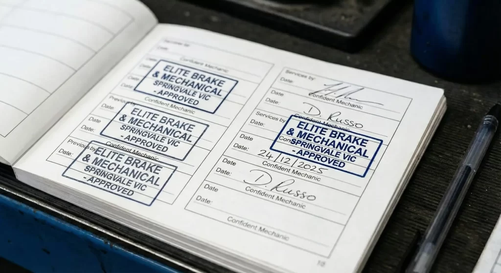 Close-up of an open vehicle logbook with a mechanic's stamp and signature, protecting the manufacturer's warranty.