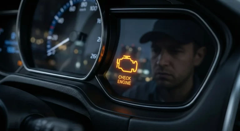Car dashboard with glowing check engine light reflecting a mechanic, emphasizing the importance of regular logbook service in Springvale.